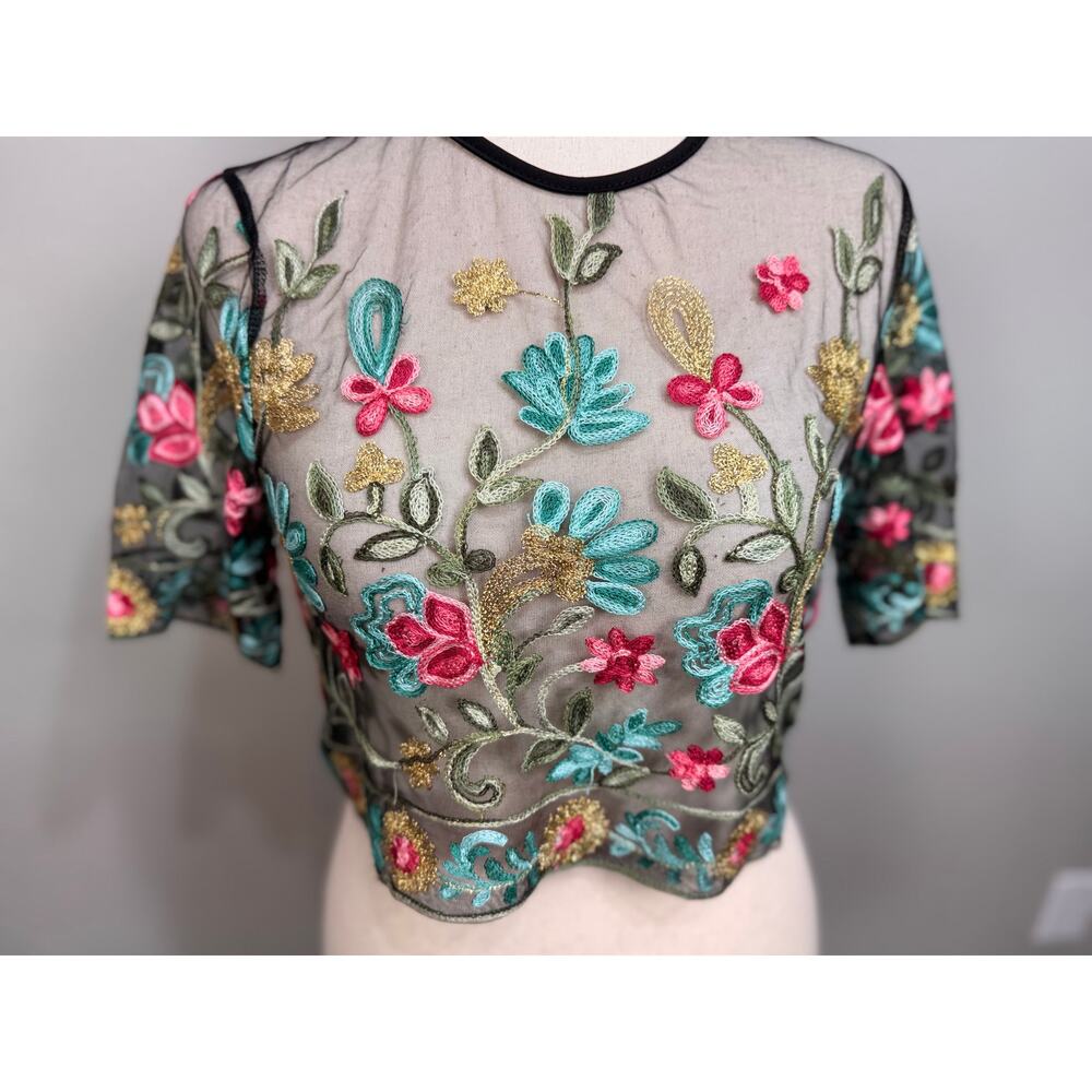 Rebellion embroidered sheer mesh crop top black floral velvet trim Sz M NWT - Picture 3 of 12